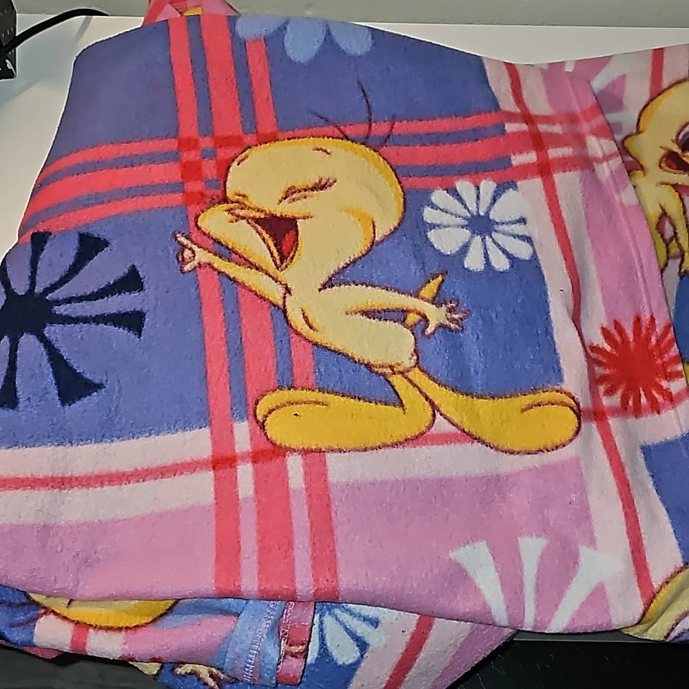 Looney Tunes Twitty Bird print fleece blanket 90's multicolored flower power 🐥